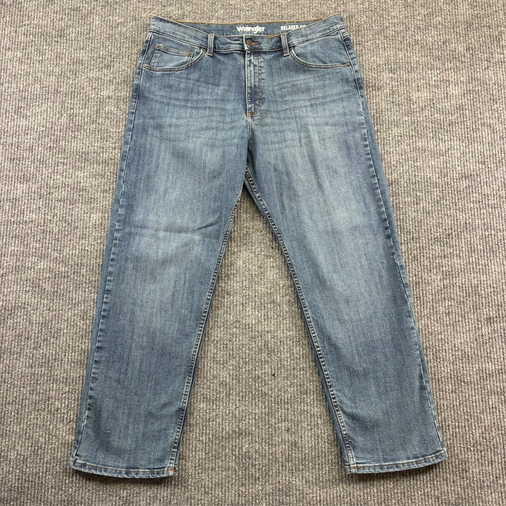 Wrangler Mens Straight Leg Jeans 36x30 Blue Stretch Denim Relaxed Fit Mid Rise